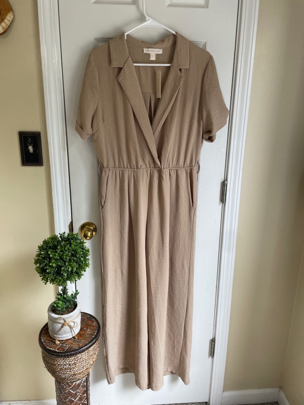 Monteau Taupe Boho Preppy Short-Sleeve Jumpsuit with Notched Collar